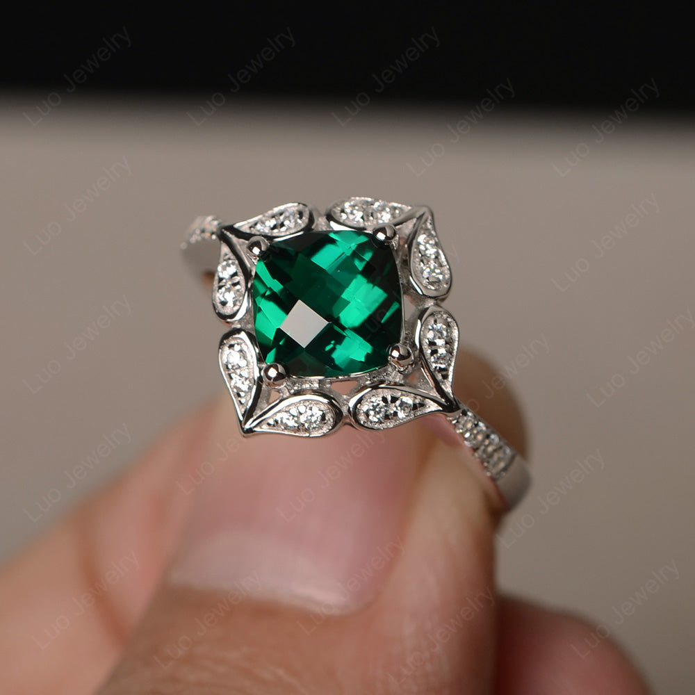 Lab Emerald Ring Cushion Cut Kite Set White Gold - LUO Jewelry