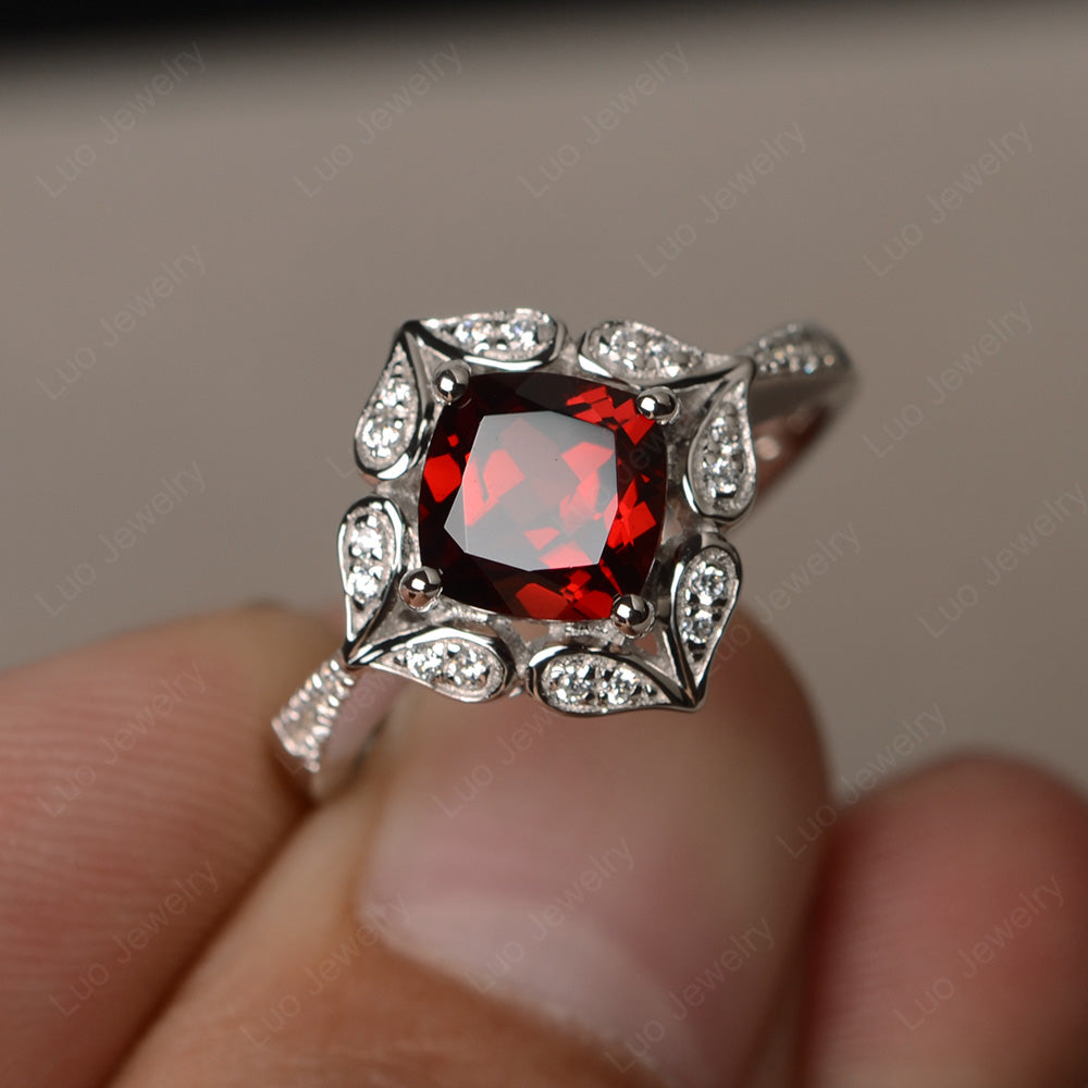 Garnet Ring Cushion Cut Kite Set White Gold - LUO Jewelry