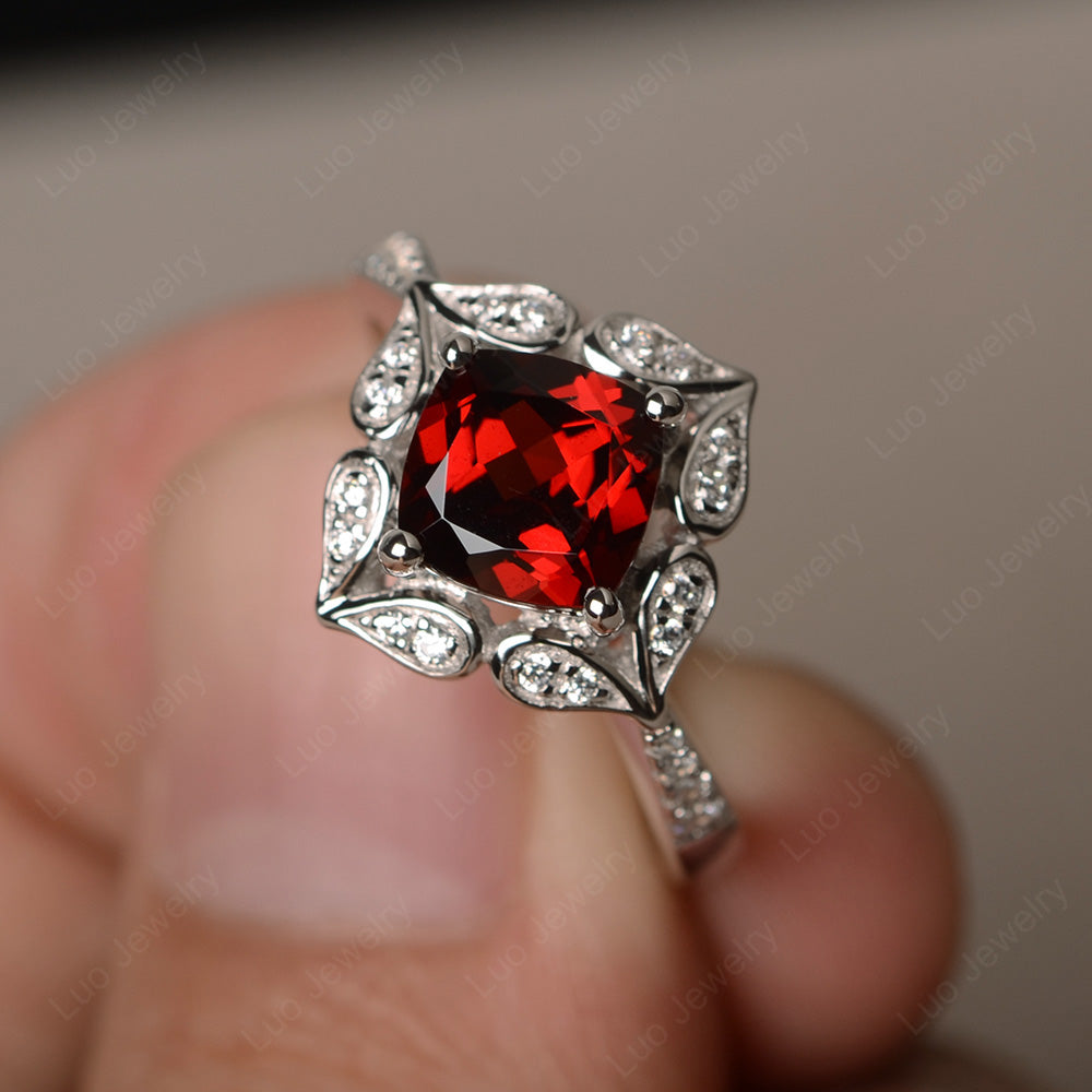 Garnet Ring Cushion Cut Kite Set White Gold - LUO Jewelry