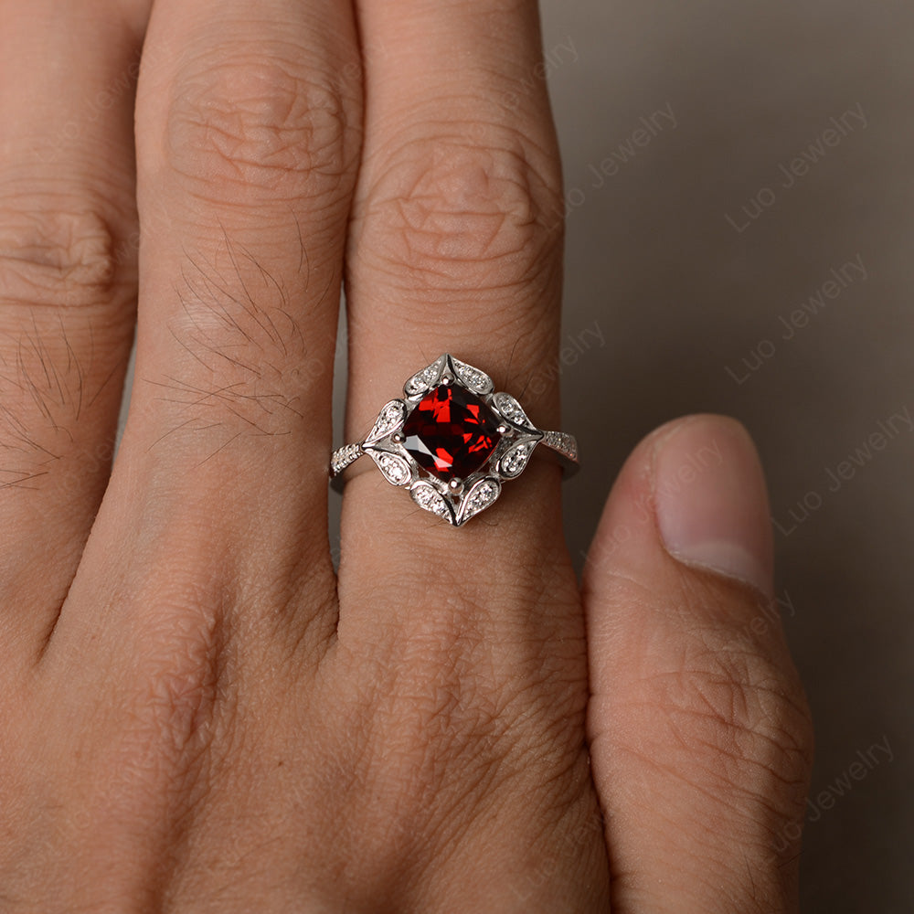 Garnet Ring Cushion Cut Kite Set White Gold - LUO Jewelry