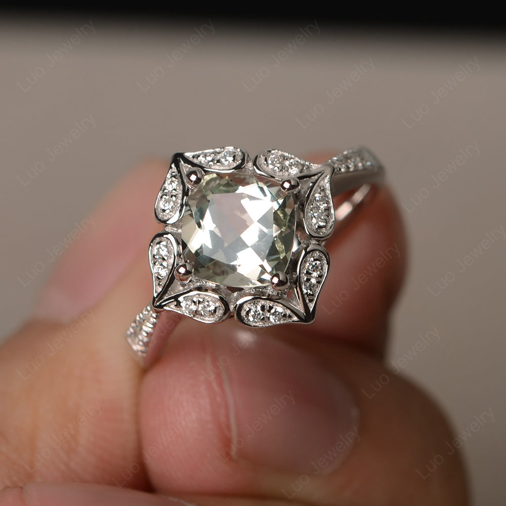 Green Amethyst Ring Cushion Cut Kite Set White Gold - LUO Jewelry