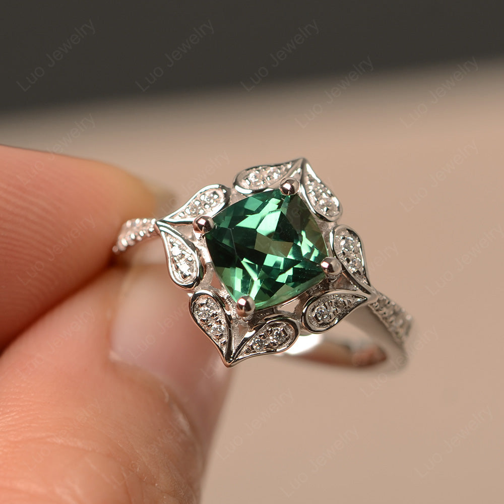 Green Sapphire Ring Cushion Cut Kite Set White Gold - LUO Jewelry