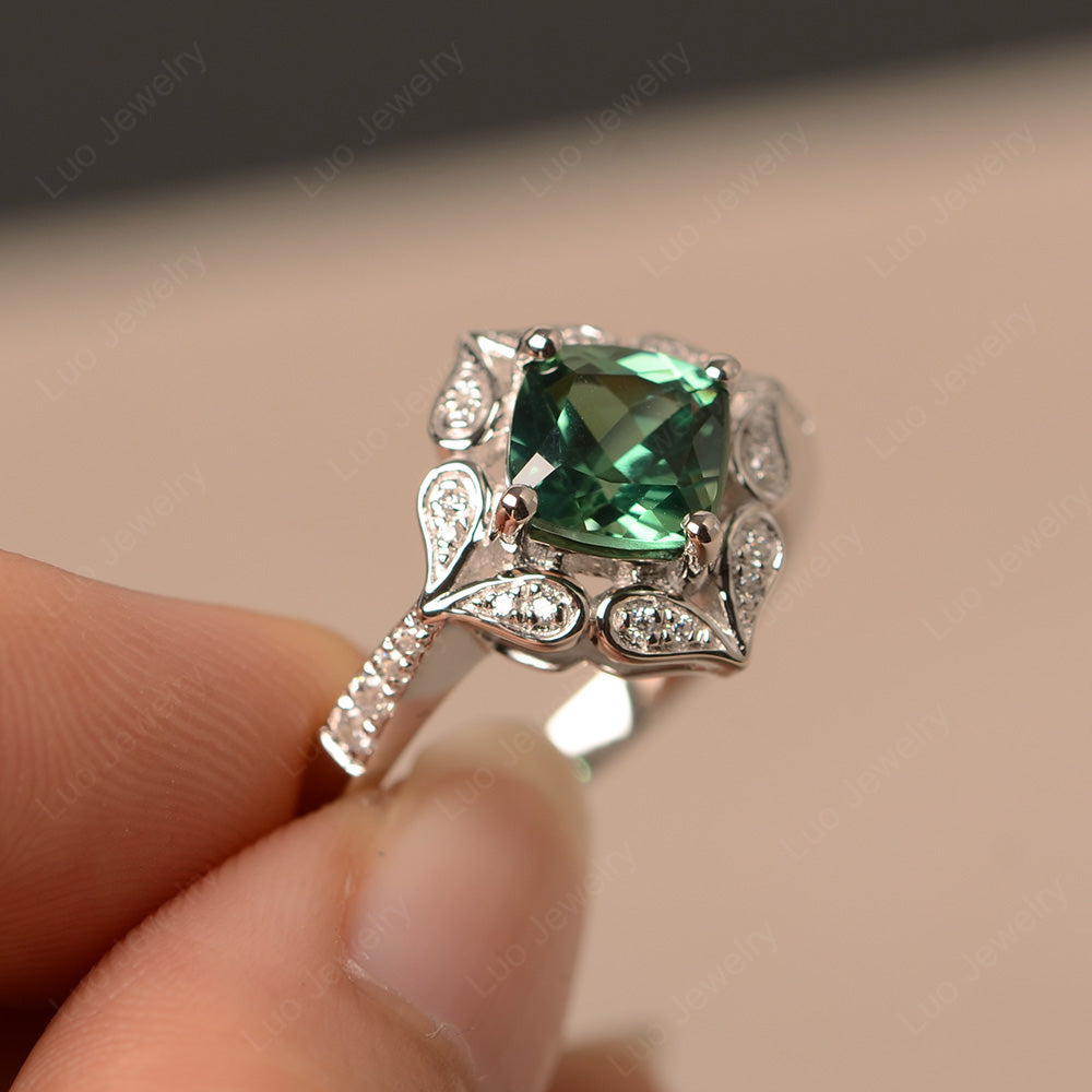 Green Sapphire Ring Cushion Cut Kite Set White Gold - LUO Jewelry