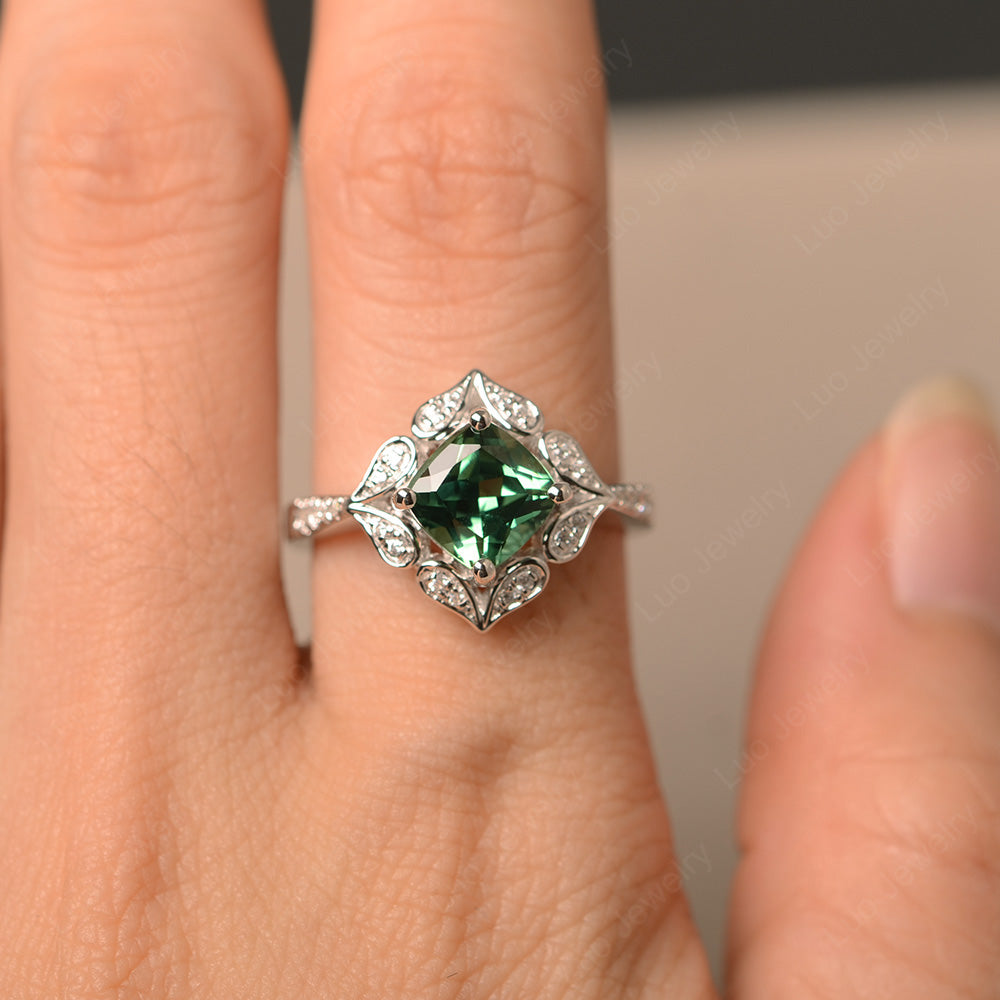 Green Sapphire Ring Cushion Cut Kite Set White Gold - LUO Jewelry