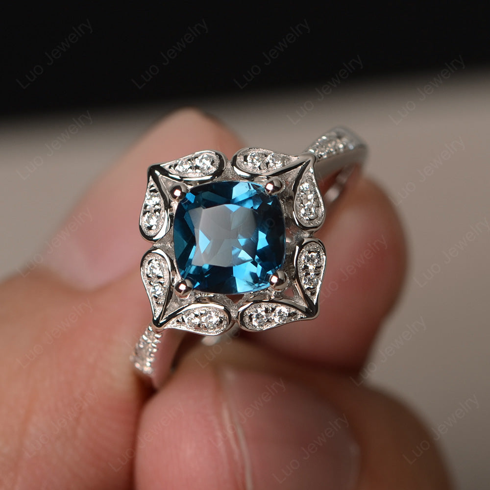 London Blue Topaz Ring Cushion Cut Kite Set White Gold - LUO Jewelry