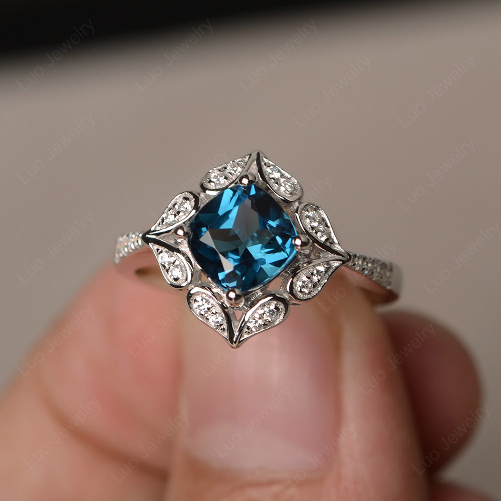 London Blue Topaz Ring Cushion Cut Kite Set White Gold - LUO Jewelry