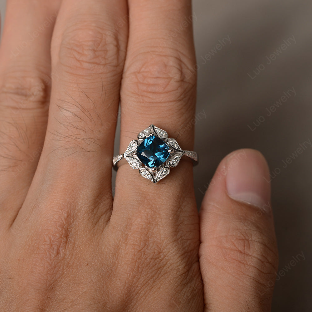 London Blue Topaz Ring Cushion Cut Kite Set White Gold - LUO Jewelry