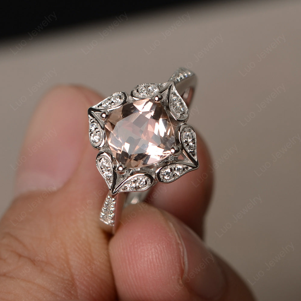 Morganite Ring Cushion Cut Kite Set White Gold - LUO Jewelry