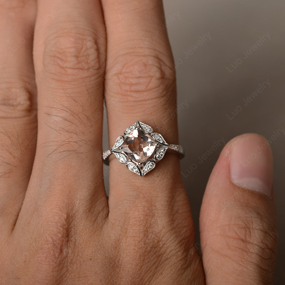 Morganite Ring Cushion Cut Kite Set White Gold - LUO Jewelry