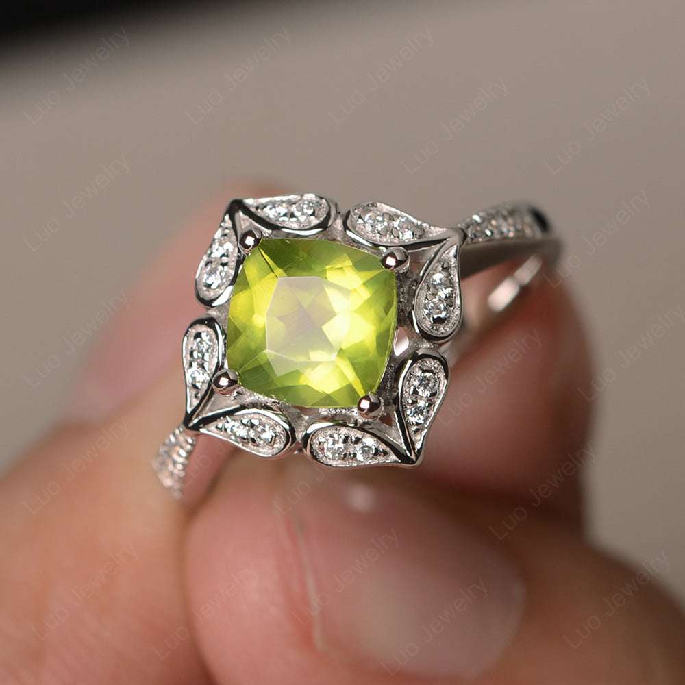 Peridot Ring Cushion Cut Kite Set White Gold - LUO Jewelry