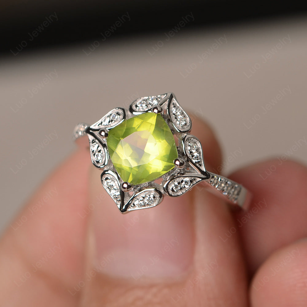 Peridot Ring Cushion Cut Kite Set White Gold - LUO Jewelry