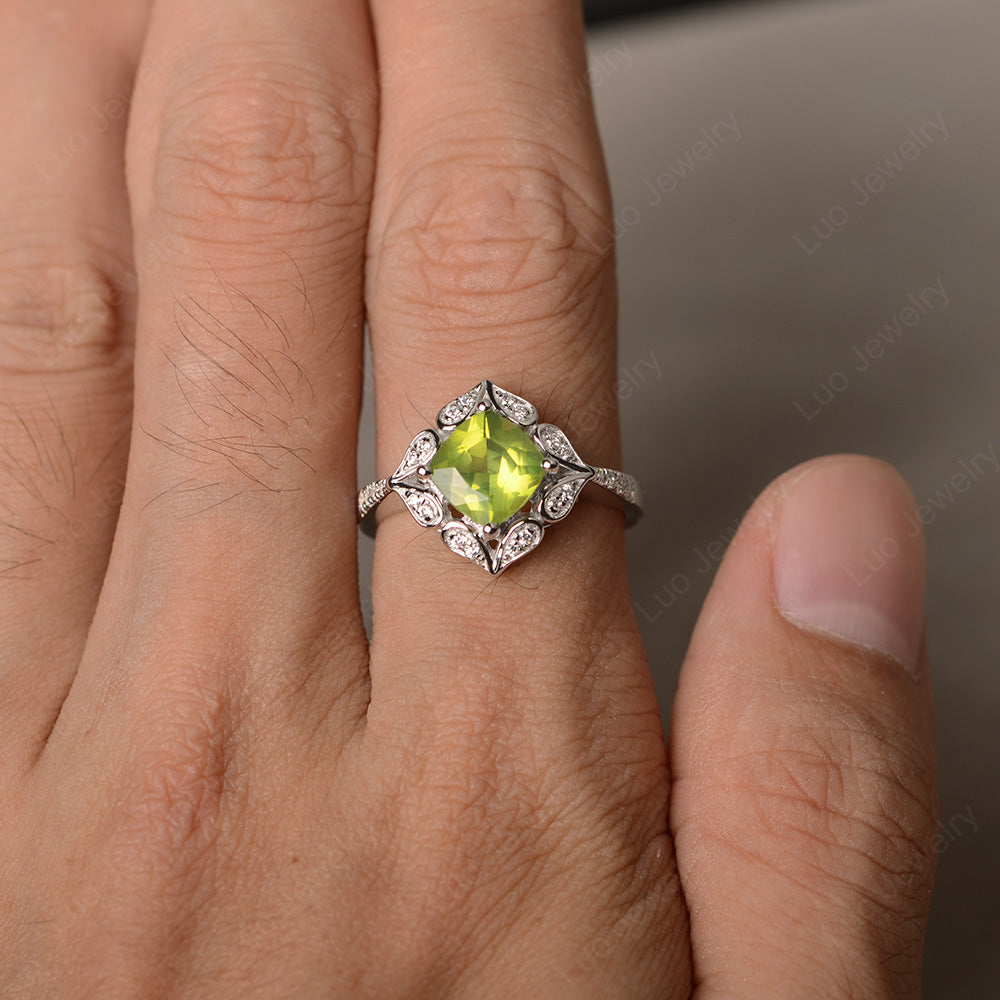 Peridot Ring Cushion Cut Kite Set White Gold - LUO Jewelry