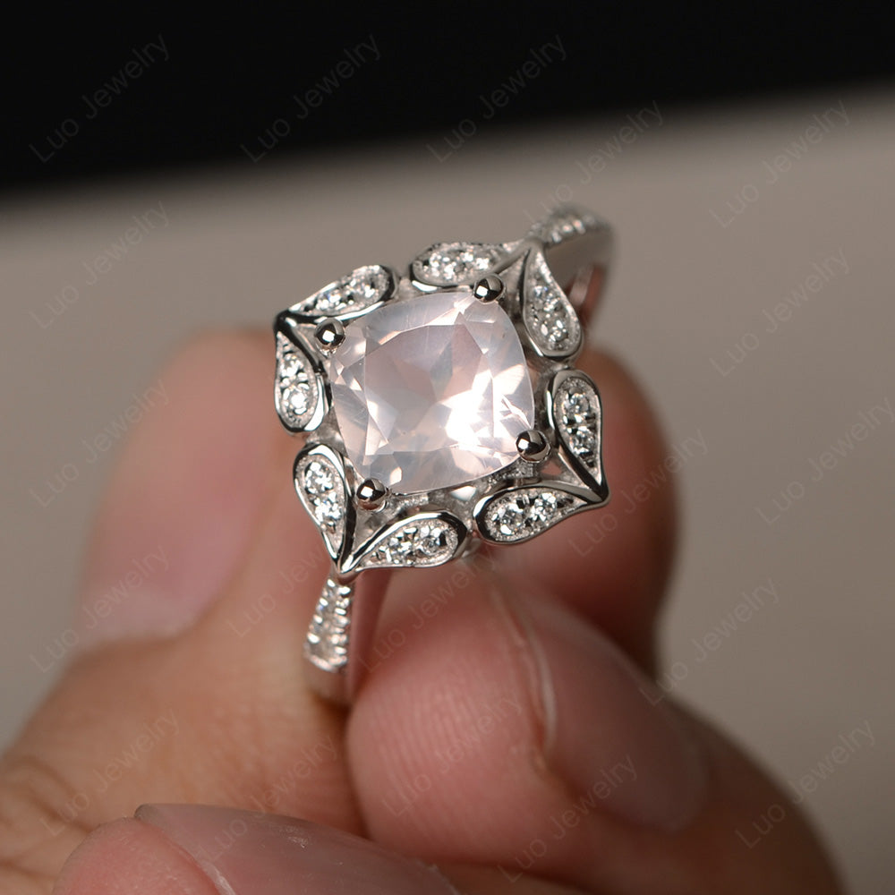 Rose Quartz Ring Cushion Cut Kite Set White Gold - LUO Jewelry