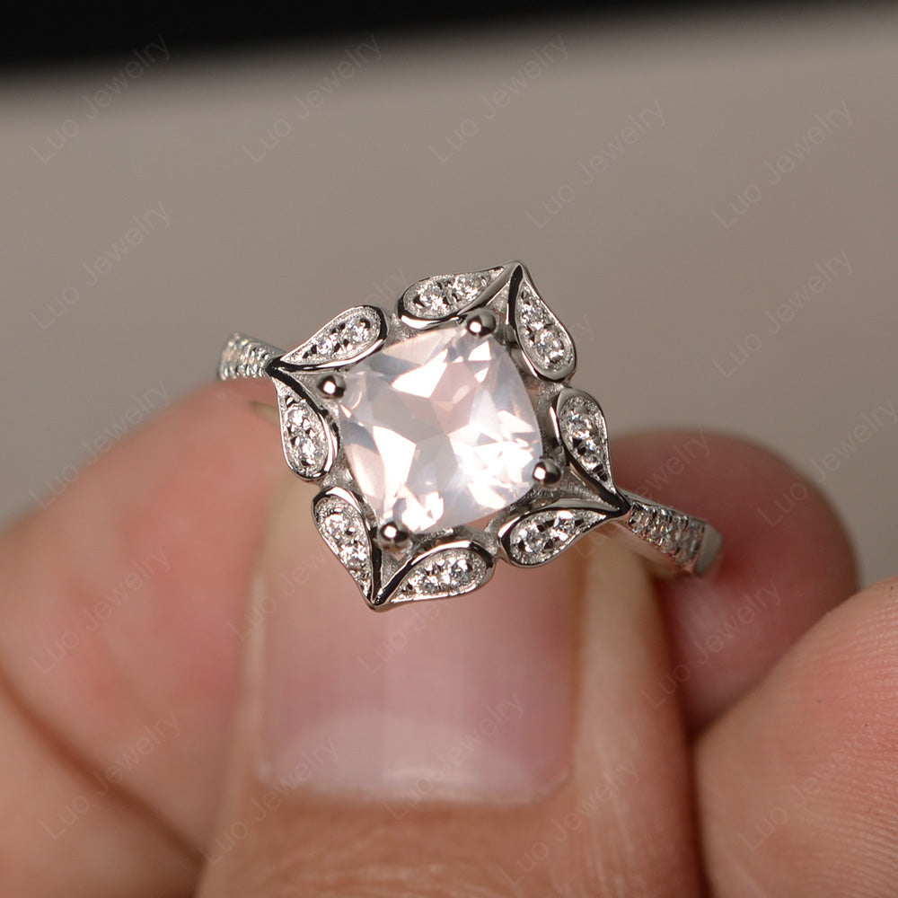 Rose Quartz Ring Cushion Cut Kite Set White Gold - LUO Jewelry