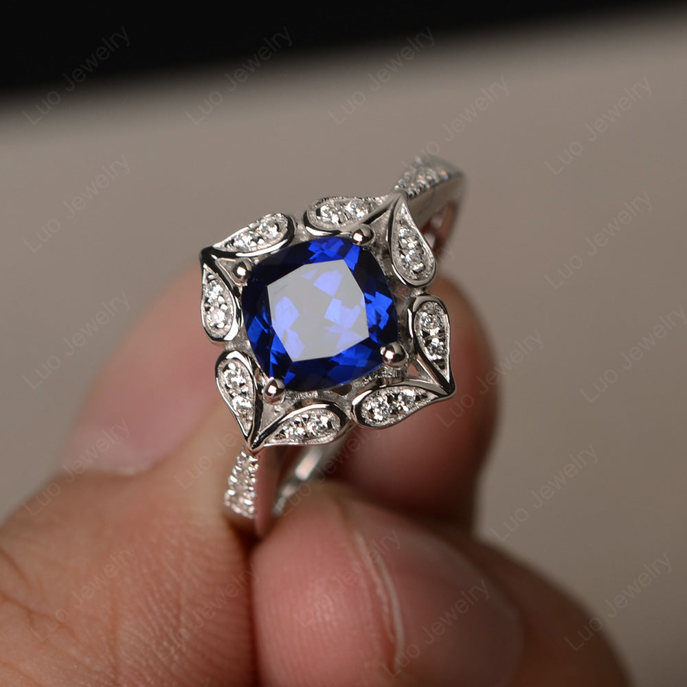 Lab Sapphire Ring Cushion Cut Kite Set White Gold - LUO Jewelry