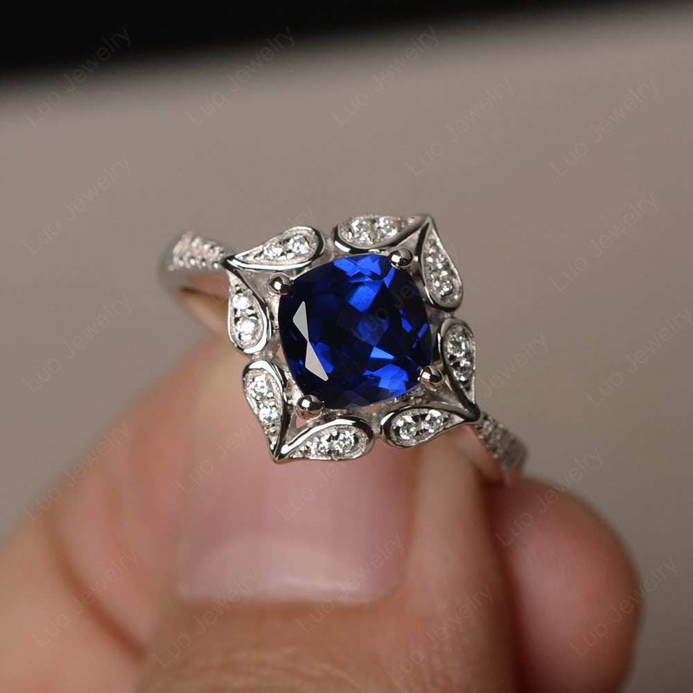 Lab Sapphire Ring Cushion Cut Kite Set White Gold - LUO Jewelry