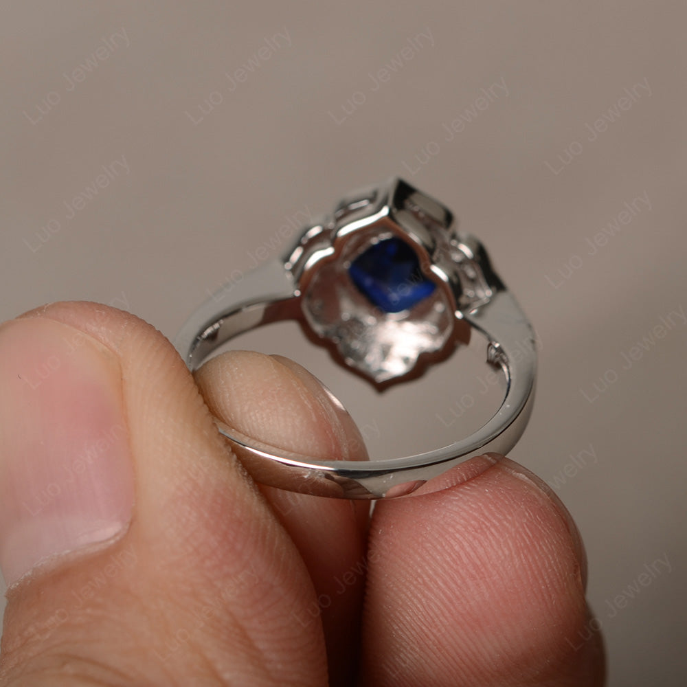 Lab Sapphire Ring Cushion Cut Kite Set White Gold - LUO Jewelry