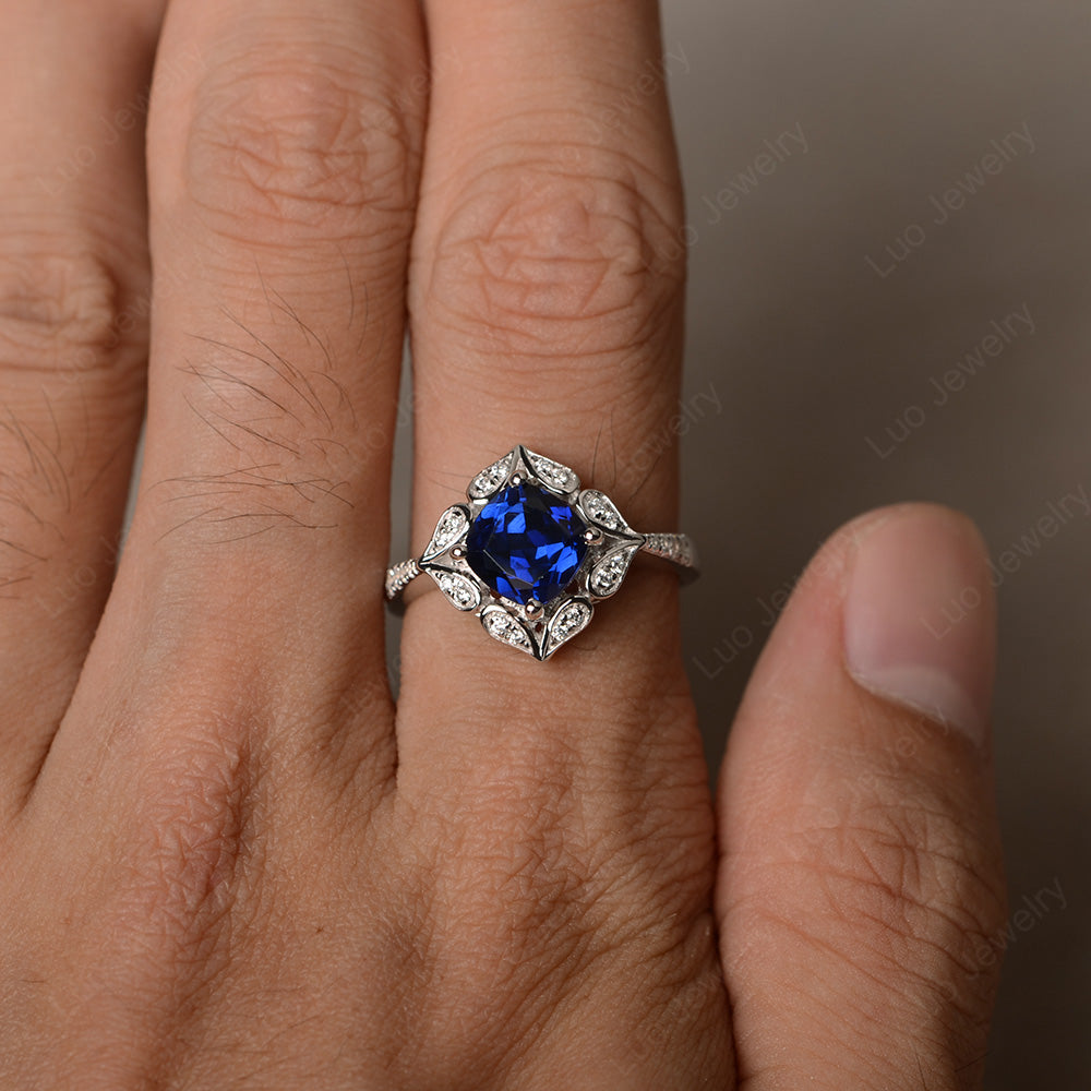 Lab Sapphire Ring Cushion Cut Kite Set White Gold - LUO Jewelry