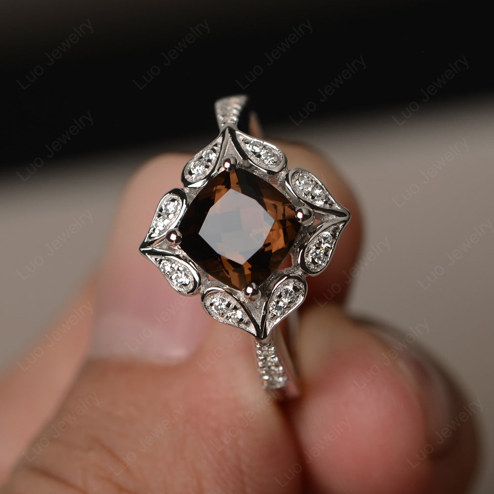 Smoky Quartz  Ring Cushion Cut Kite Set White Gold - LUO Jewelry