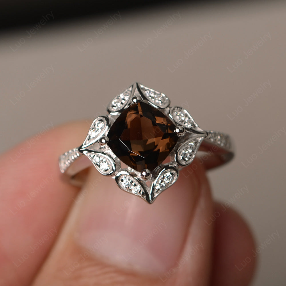 Smoky Quartz  Ring Cushion Cut Kite Set White Gold - LUO Jewelry