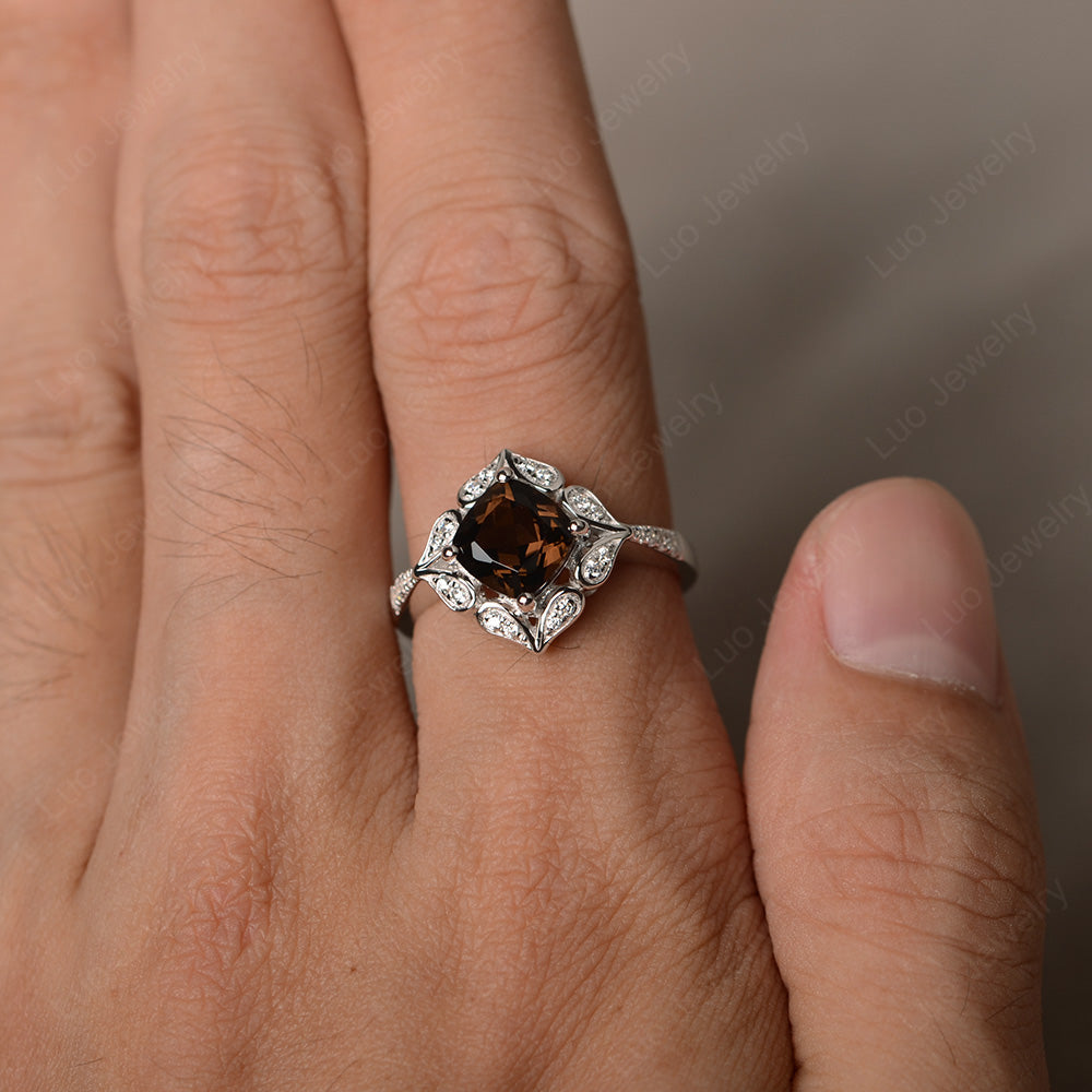 Smoky Quartz  Ring Cushion Cut Kite Set White Gold - LUO Jewelry