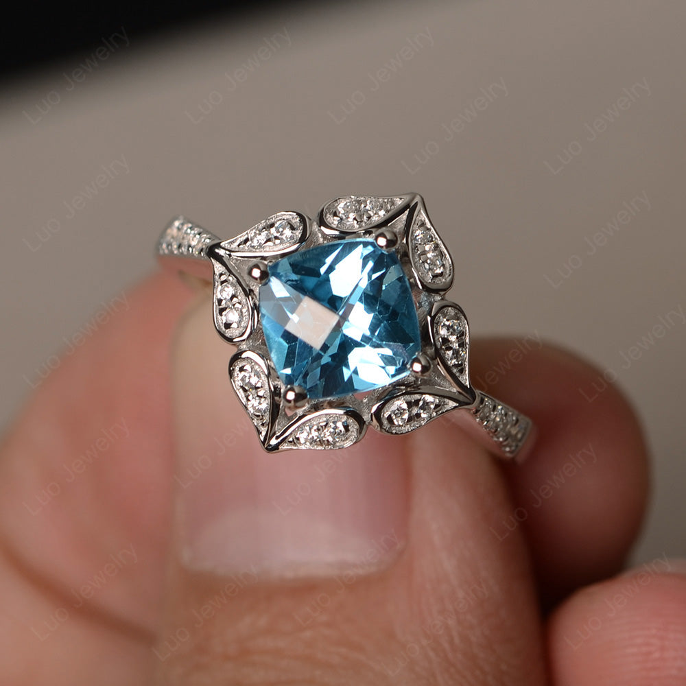 Swiss Blue Topaz Ring Cushion Cut Kite Set White Gold - LUO Jewelry