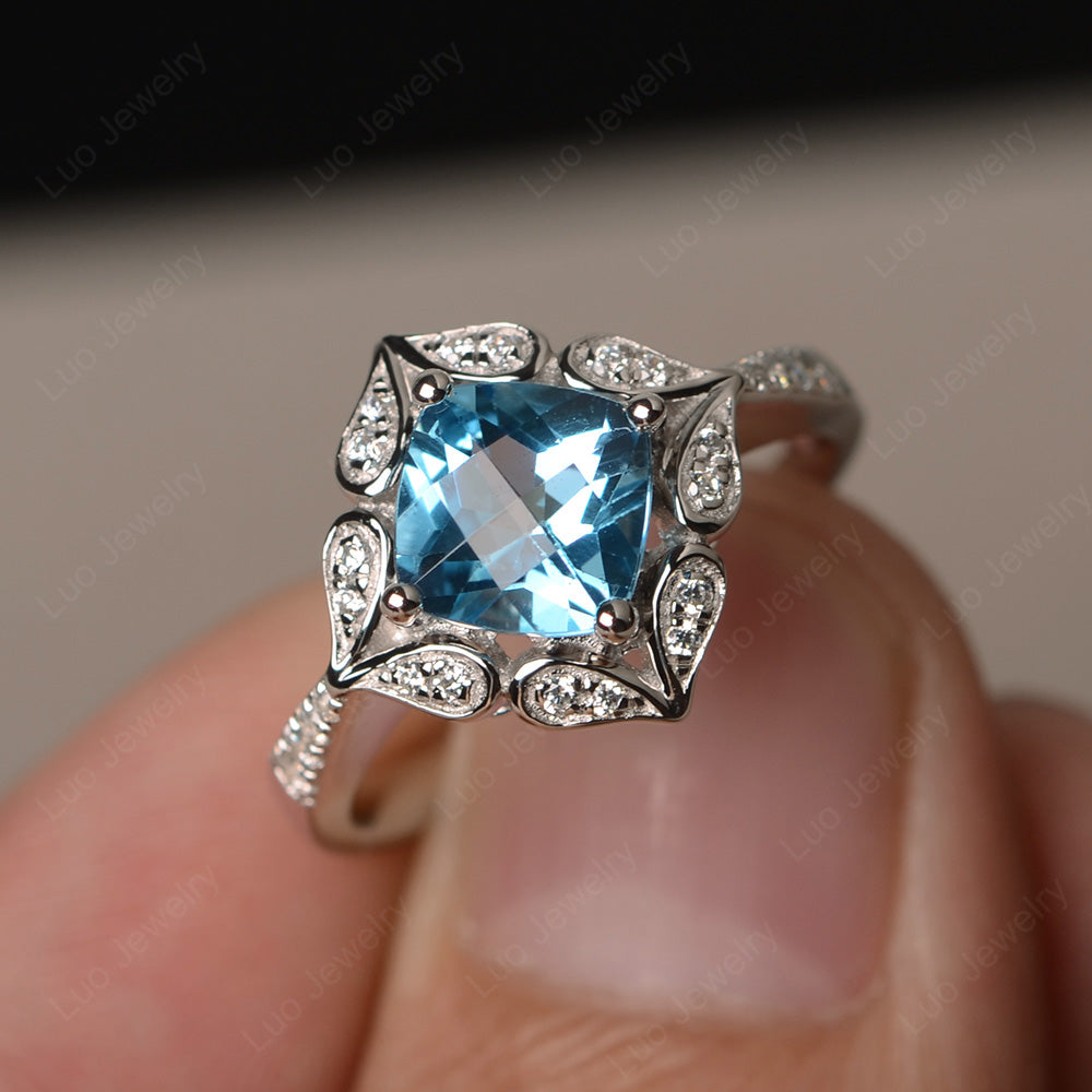 Swiss Blue Topaz Ring Cushion Cut Kite Set White Gold - LUO Jewelry