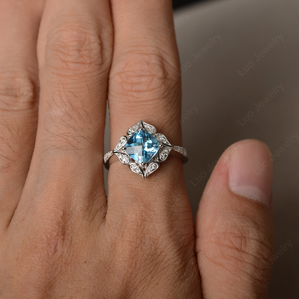 Swiss Blue Topaz Ring Cushion Cut Kite Set White Gold - LUO Jewelry