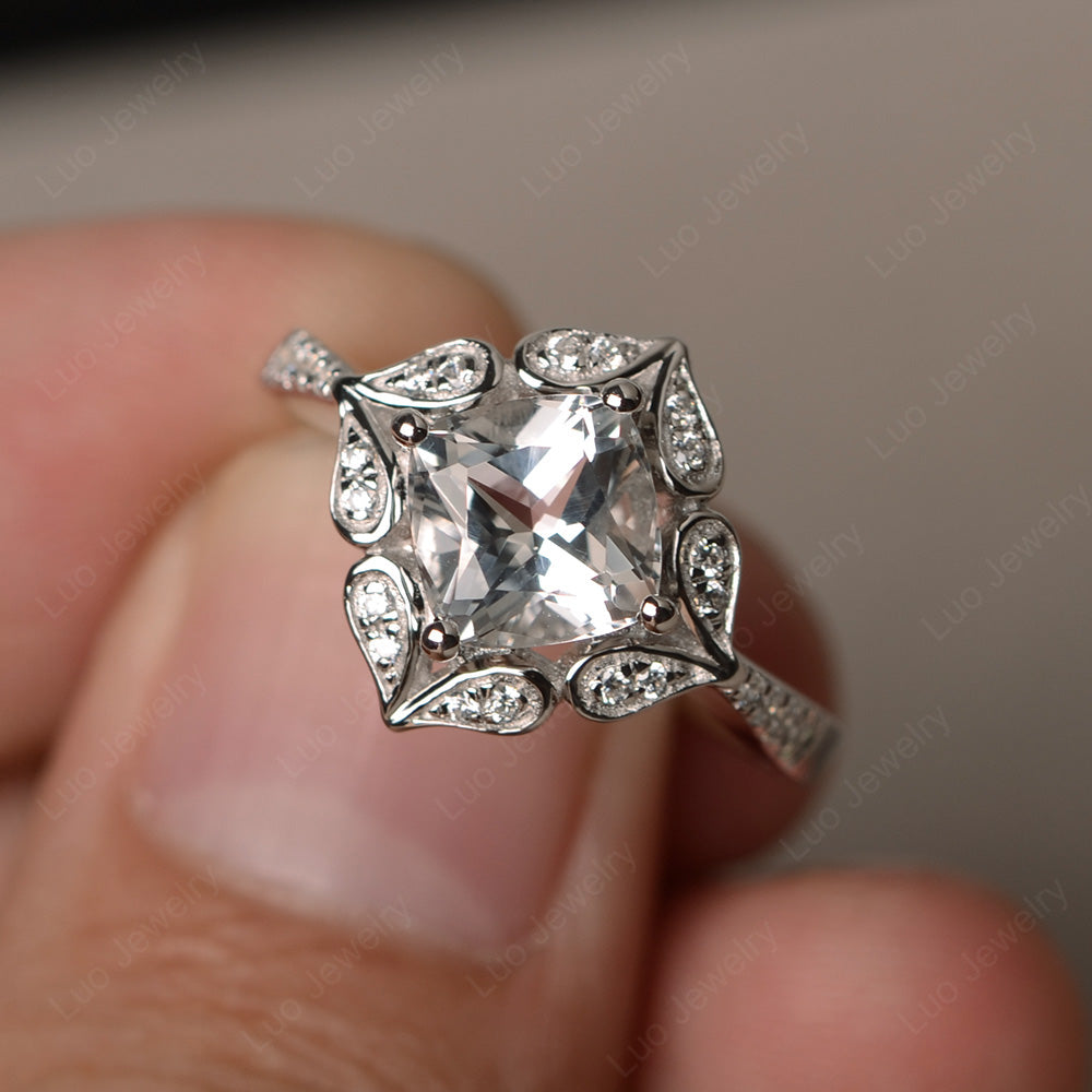 White Topaz Ring Cushion Cut Kite Set White Gold - LUO Jewelry