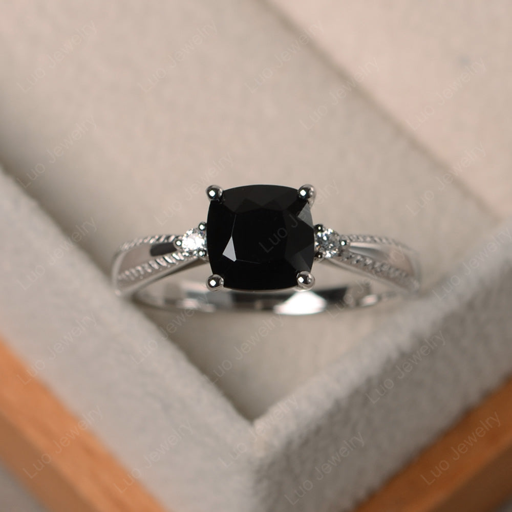 Cushion Cut Black Spinel Engagement Ring Silver - LUO Jewelry