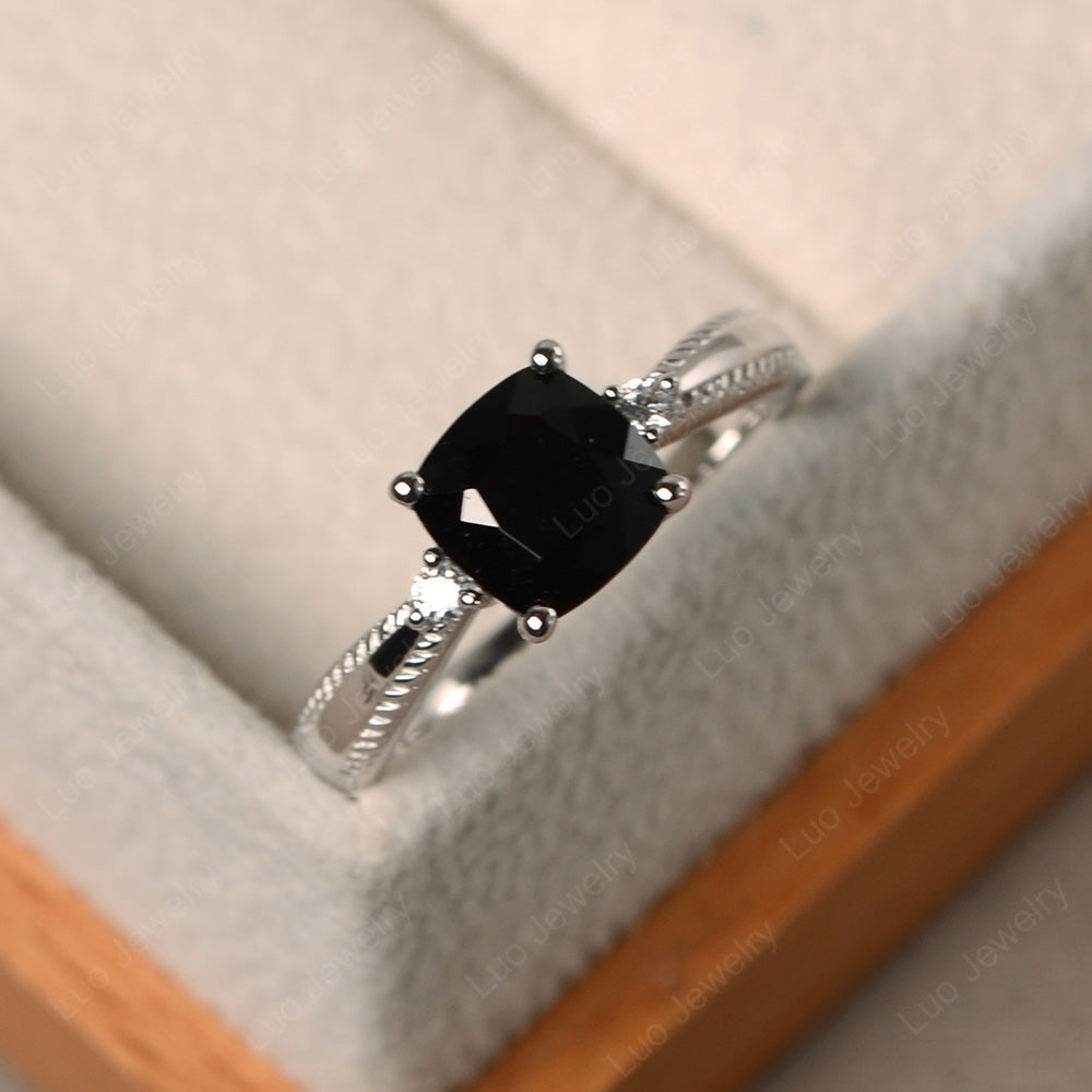 Cushion Cut Black Spinel Engagement Ring Silver - LUO Jewelry