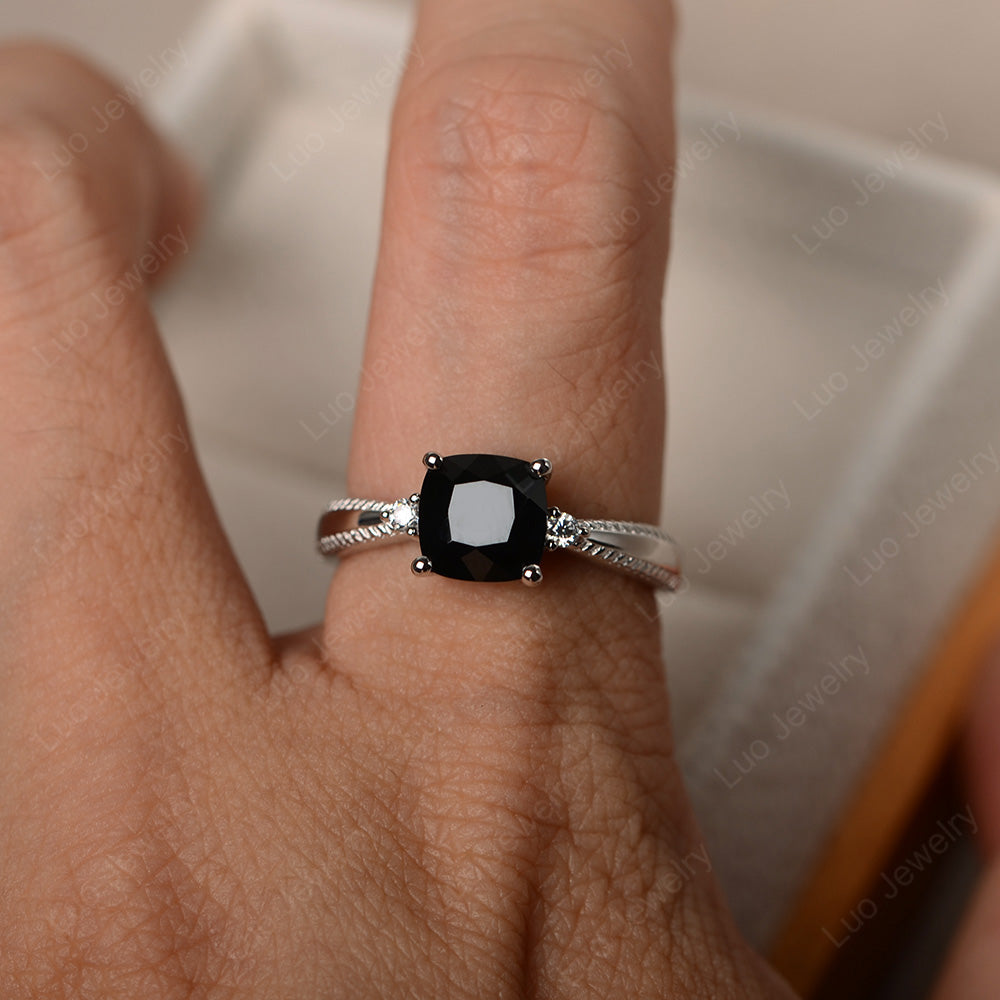 Cushion Cut Black Spinel Engagement Ring Silver - LUO Jewelry