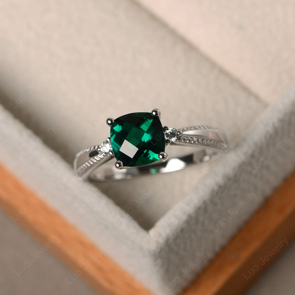 Cushion Cut Lab Emerald Engagement Ring Silver - LUO Jewelry