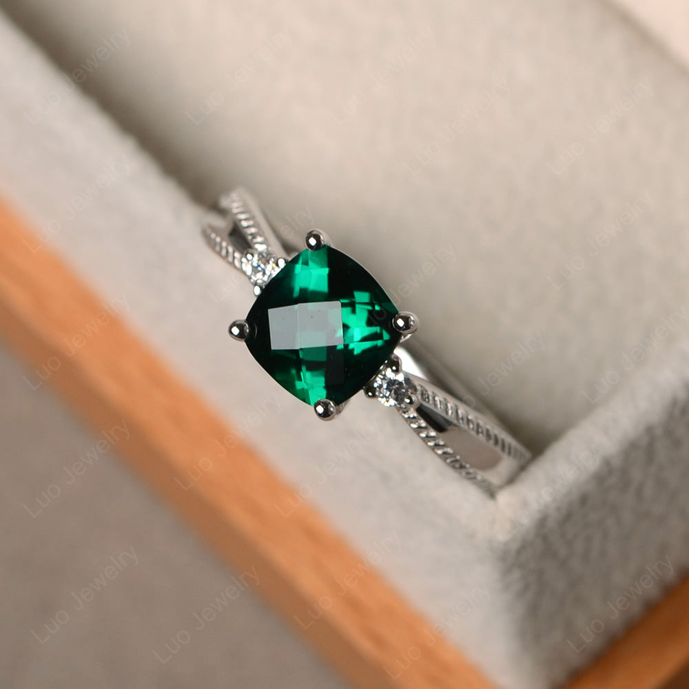 Cushion Cut Lab Emerald Engagement Ring Silver - LUO Jewelry