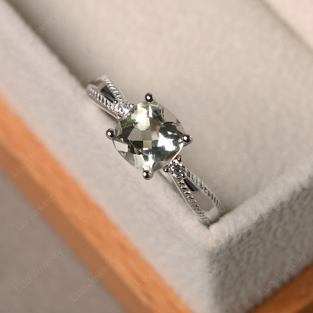 Cushion Cut Green Amethyst Engagement Ring Silver - LUO Jewelry