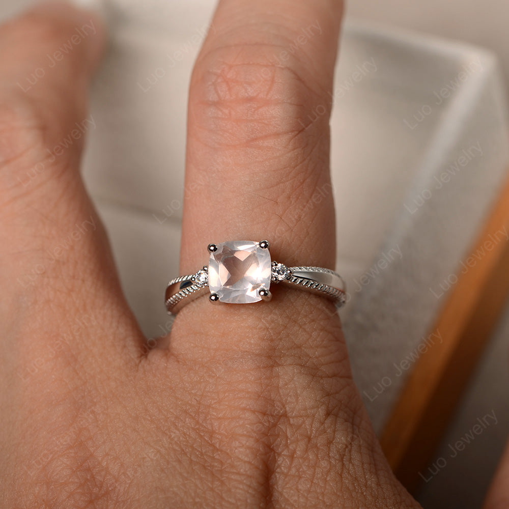 Cushion Cut Rose Quartz Engagement Ring Silver - LUO Jewelry