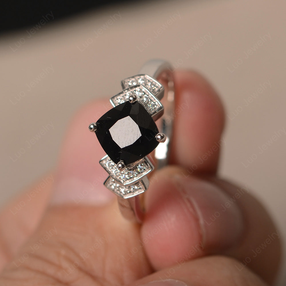 Cushion Cut Black Spinel Ring Kite Set Rose Gold - LUO Jewelry