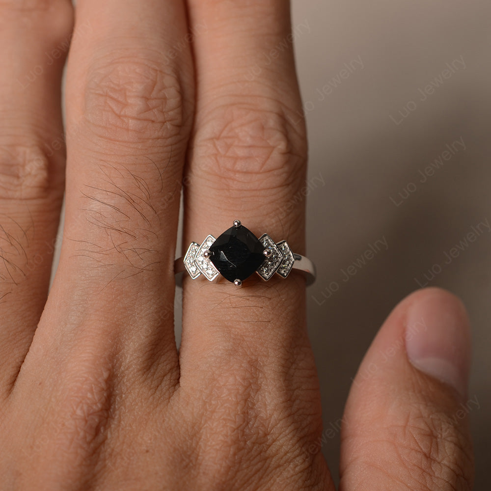 Cushion Cut Black Spinel Ring Kite Set Rose Gold - LUO Jewelry
