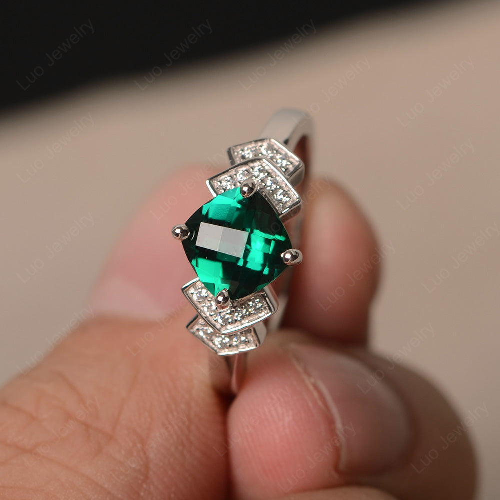 Cushion Cut Lab Emerald Ring Kite Set Rose Gold - LUO Jewelry