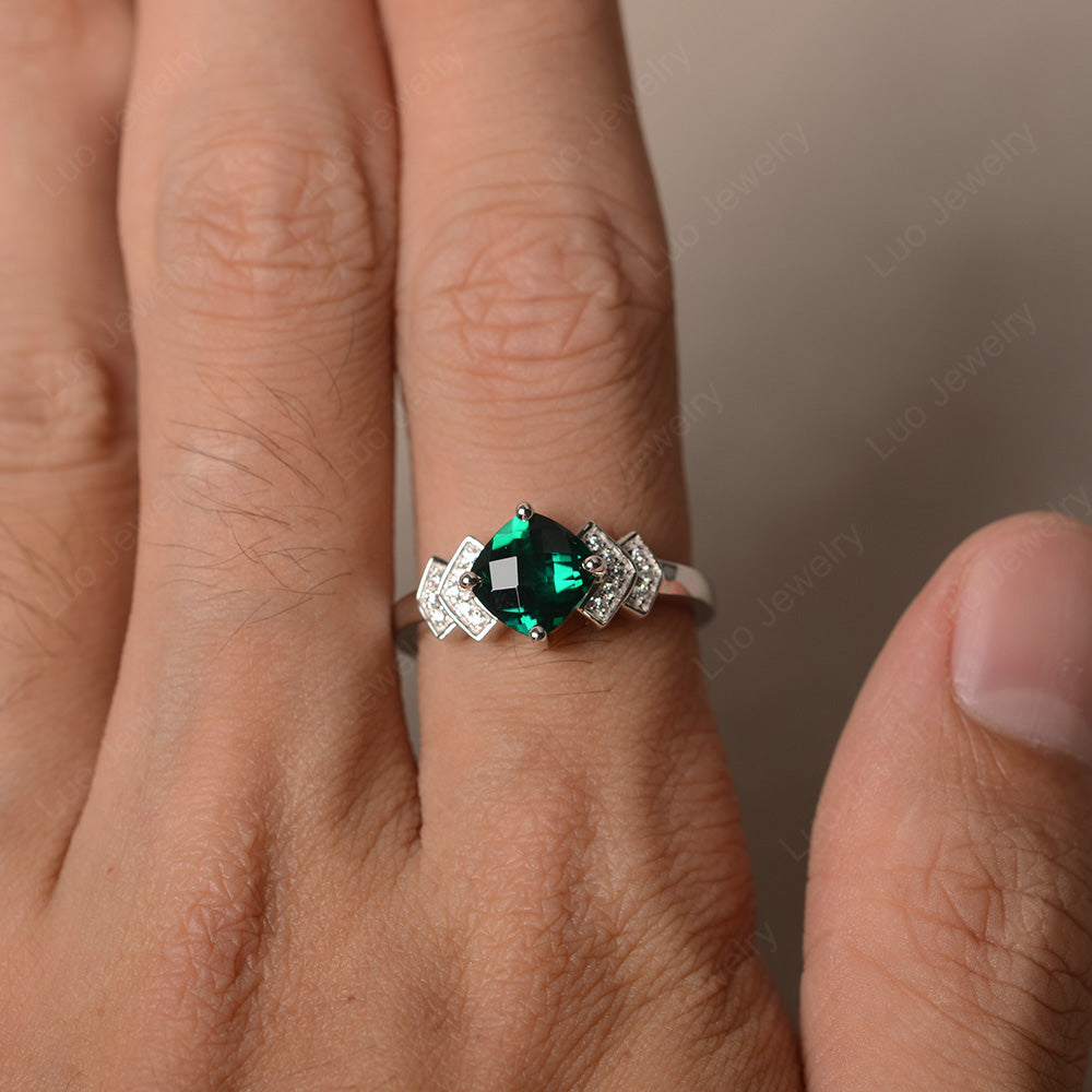 Cushion Cut Lab Emerald Ring Kite Set Rose Gold - LUO Jewelry