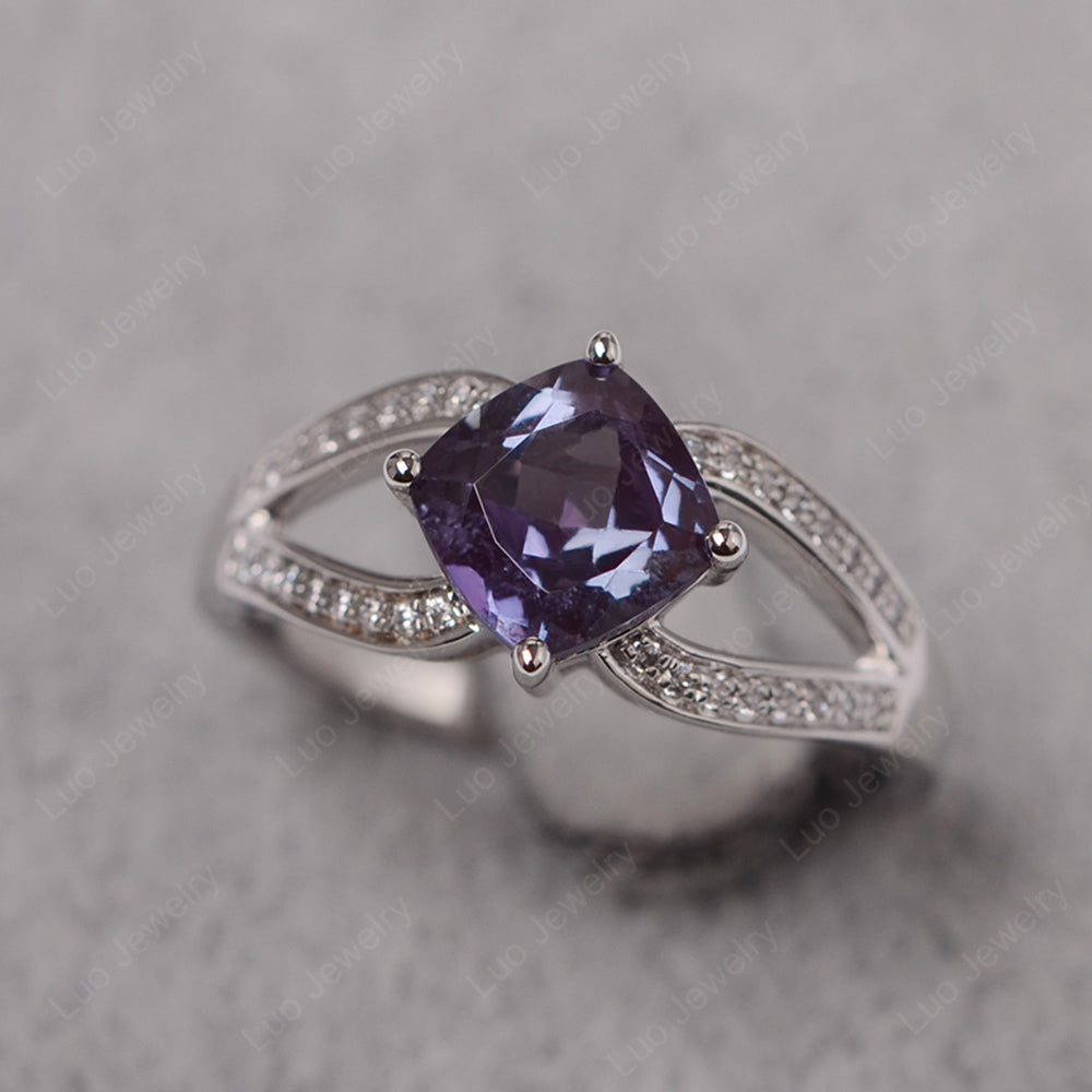 Kite Set Cushion Cut Alexandrite Ring Split Shank - LUO Jewelry