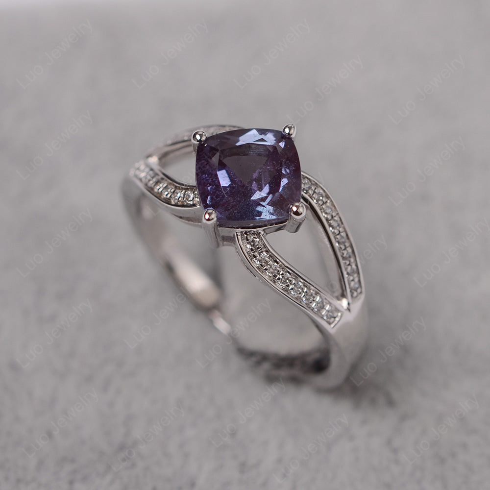 Kite Set Cushion Cut Alexandrite Ring Split Shank - LUO Jewelry