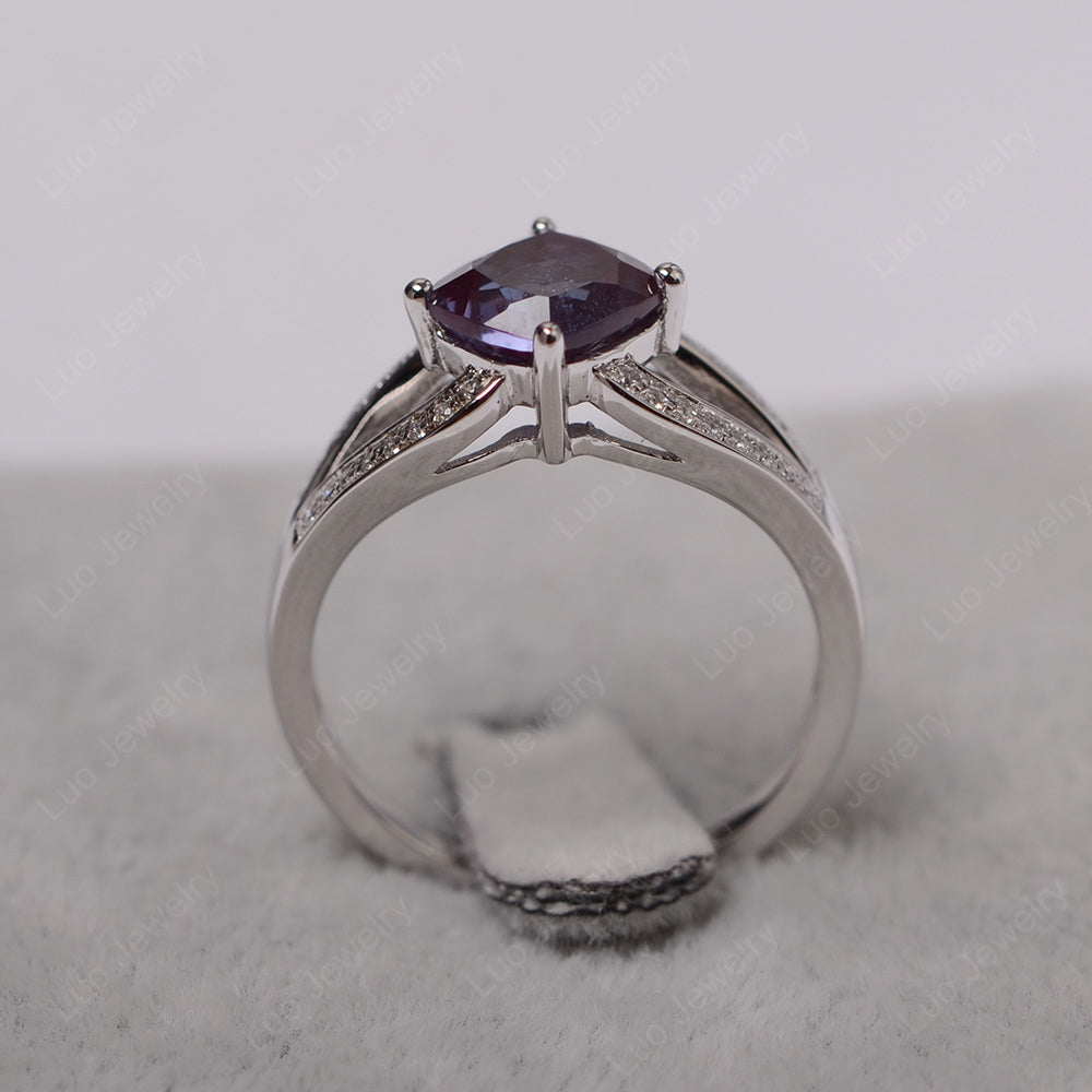 Kite Set Cushion Cut Alexandrite Ring Split Shank - LUO Jewelry