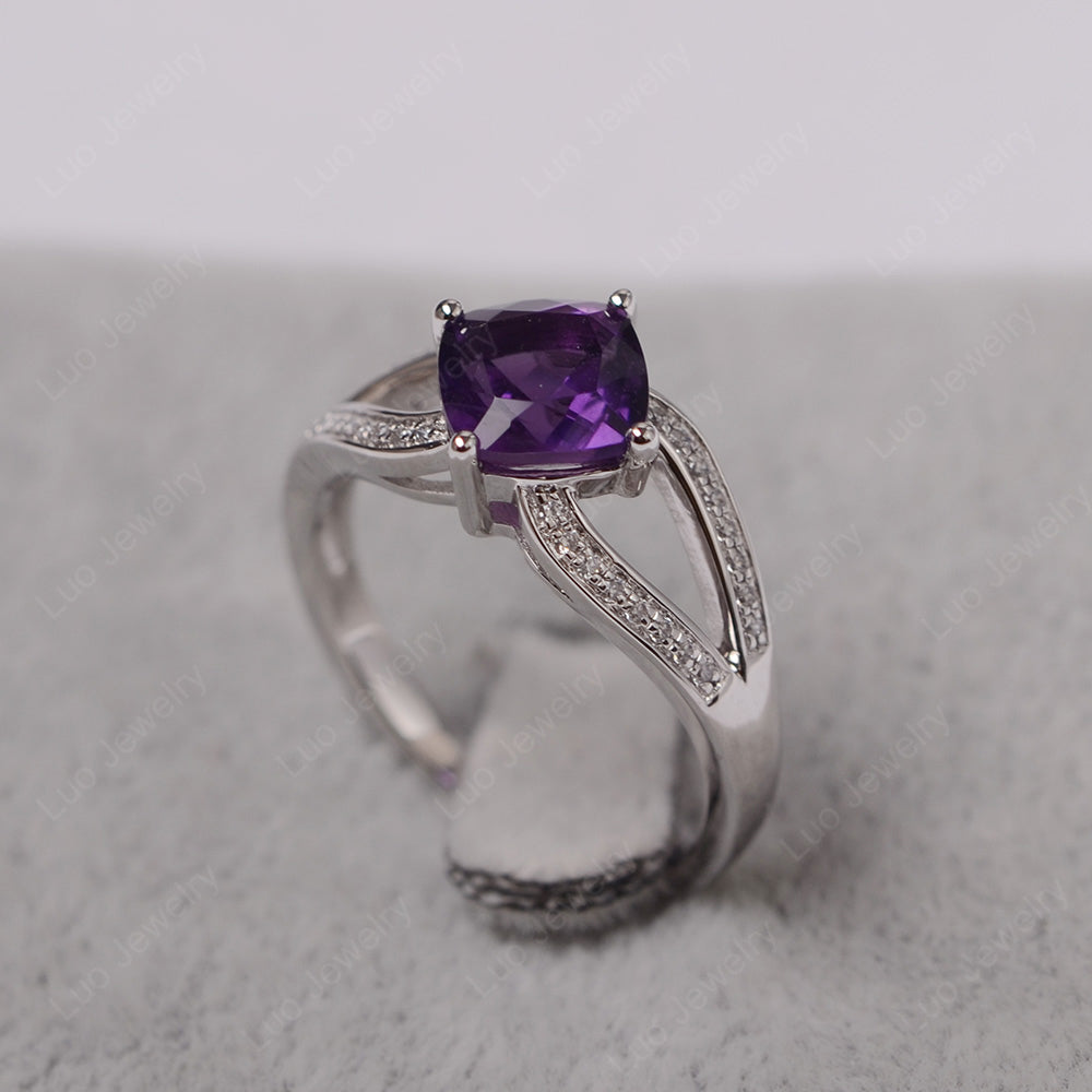 Kite Set Cushion Cut Amethyst Ring Split Shank - LUO Jewelry