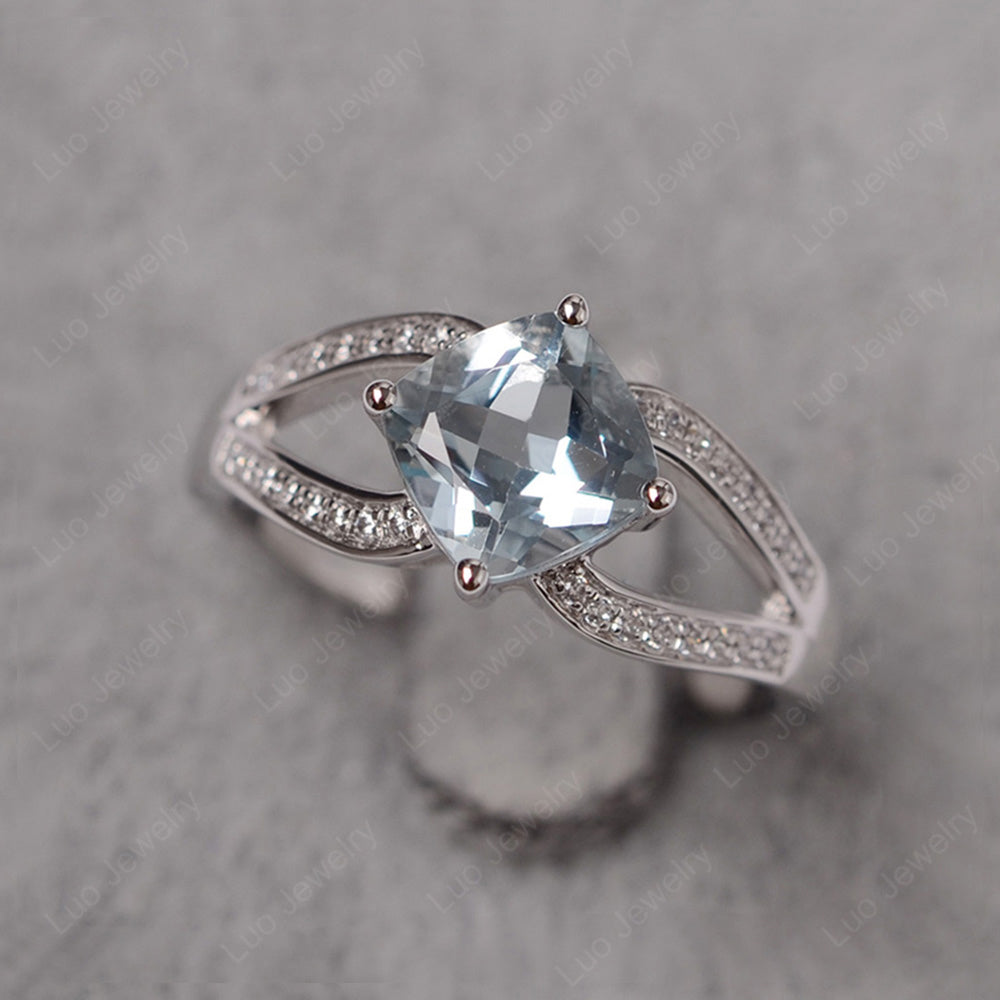 Kite Set Cushion Cut Aquamarine Ring Split Shank - LUO Jewelry