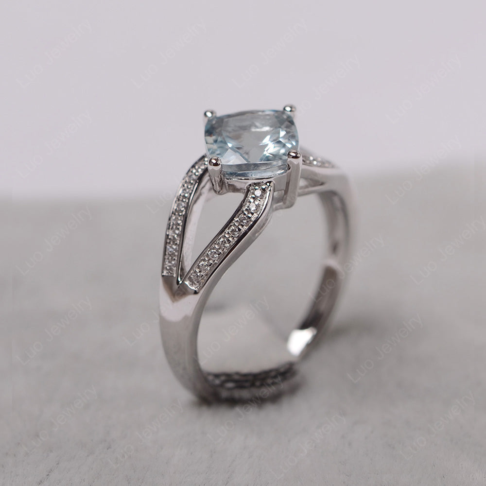 Kite Set Cushion Cut Aquamarine Ring Split Shank - LUO Jewelry