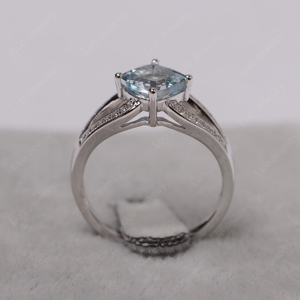 Kite Set Cushion Cut Aquamarine Ring Split Shank - LUO Jewelry