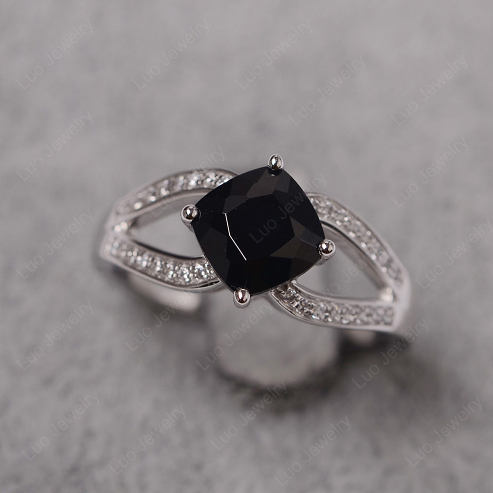 Kite Set Cushion Cut Black Spinel Ring Split Shank - LUO Jewelry