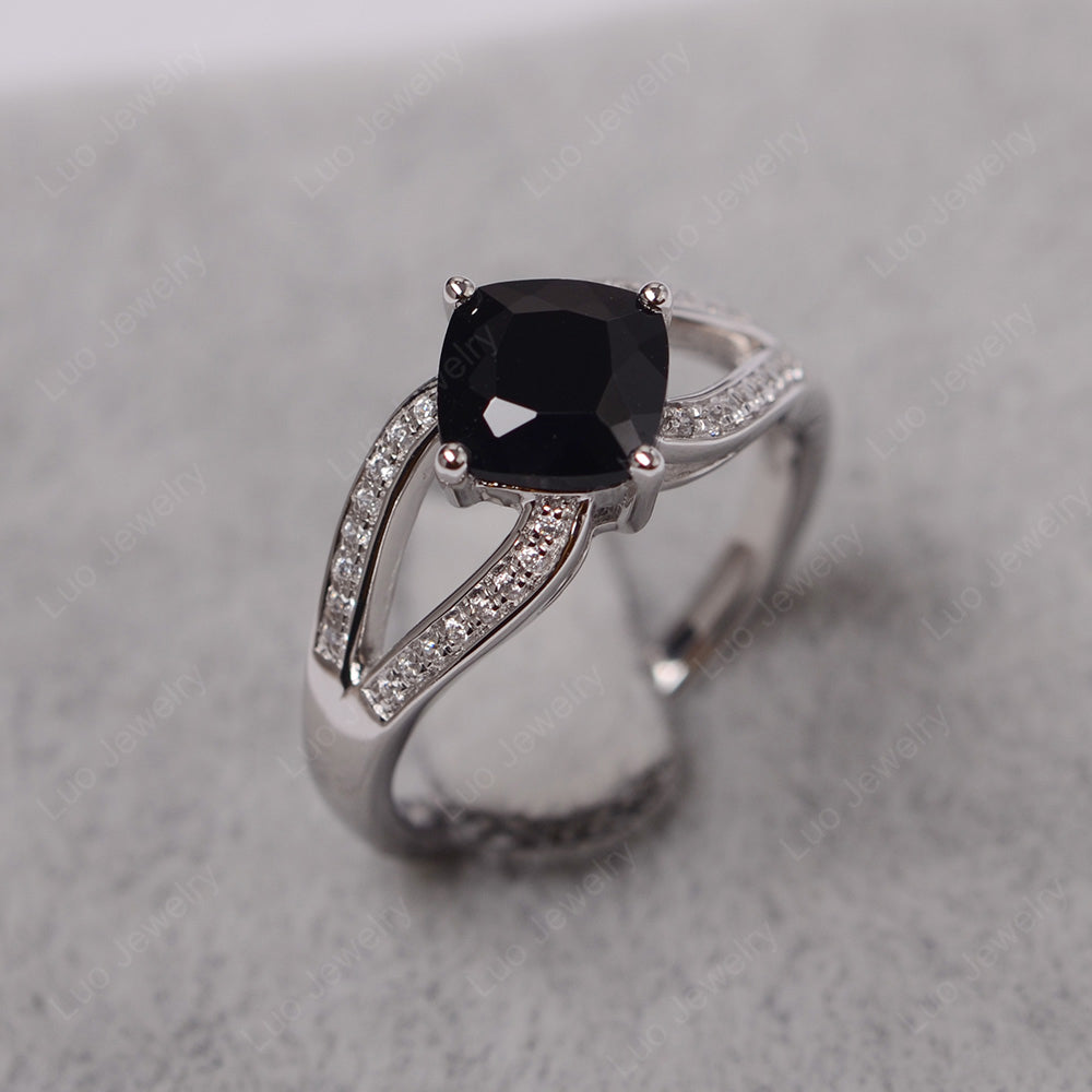 Kite Set Cushion Cut Black Spinel Ring Split Shank - LUO Jewelry