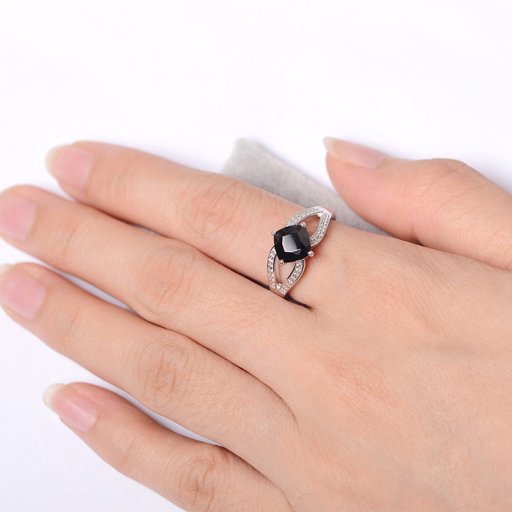 Kite Set Cushion Cut Black Spinel Ring Split Shank - LUO Jewelry